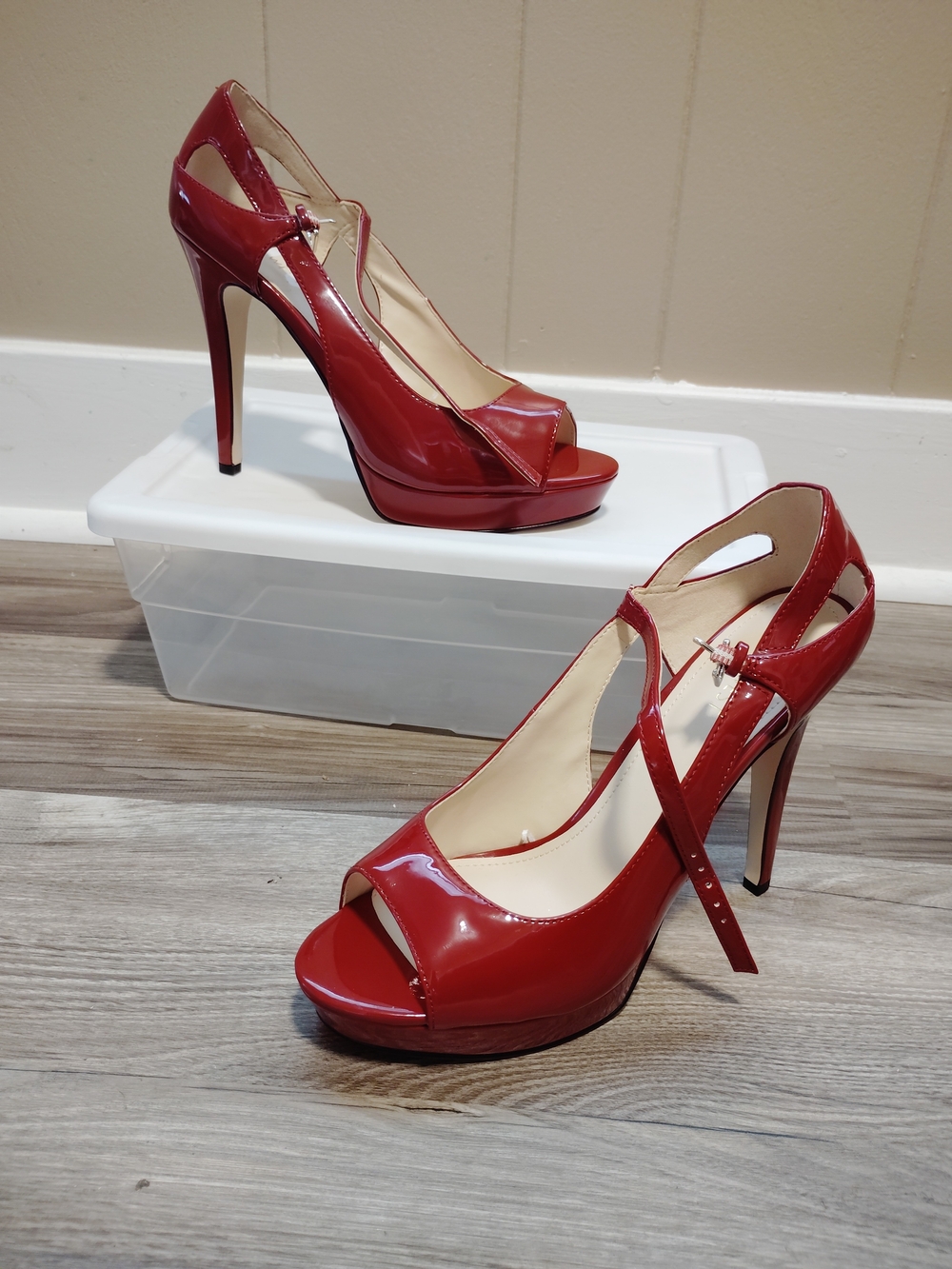 Red Patent Leather Peep-Toe High Heels with Ankle Strap By Nine West